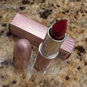 MAC Cosmetics Deep Red Lipstick with Pink Packaging Snowfliter